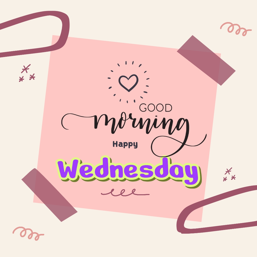 Good morning happy wednesday images, pink background with a little heart.