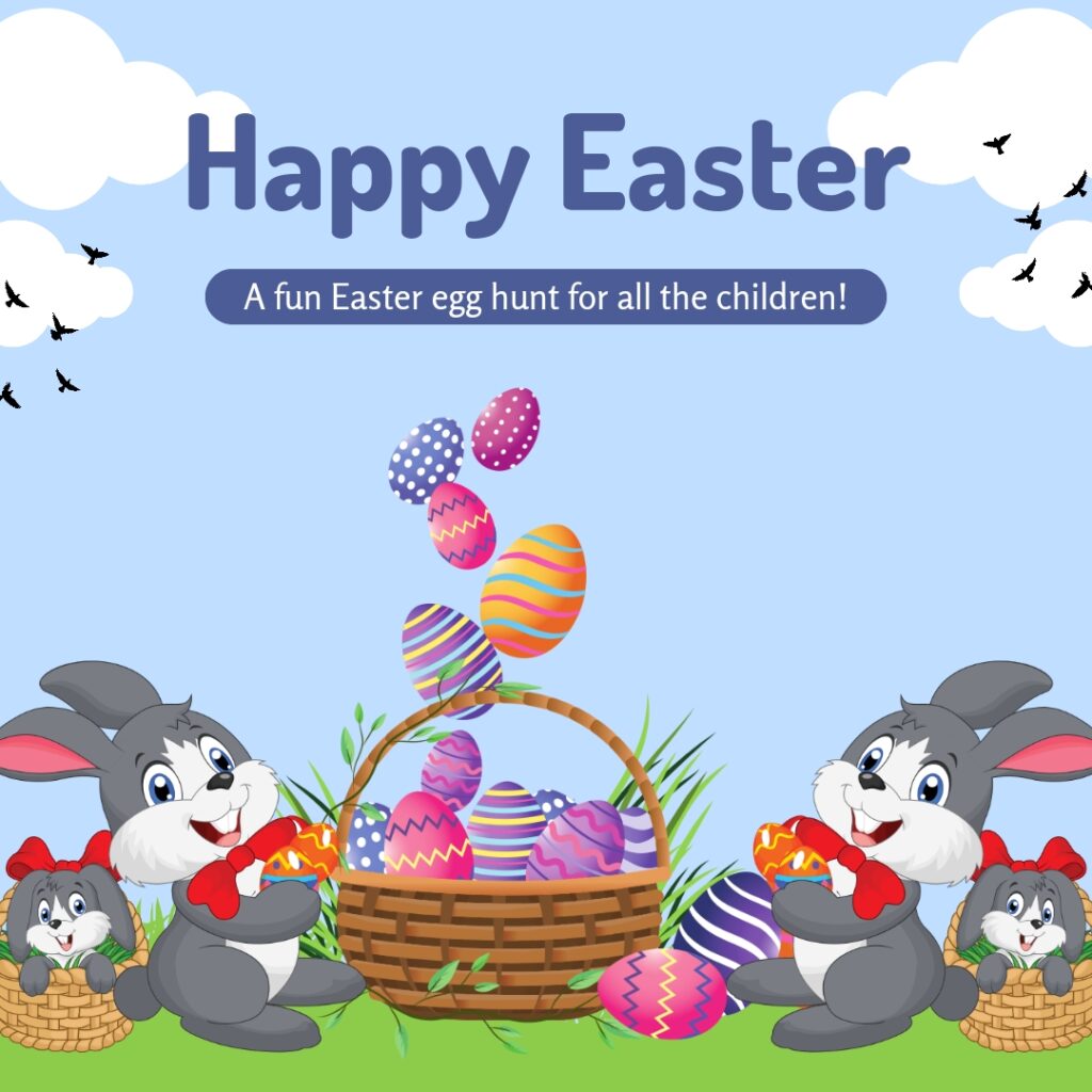 Beautiful colourful eggs on the basket and some bunnies under a blue sky and flying birds, happy easter images celebration.