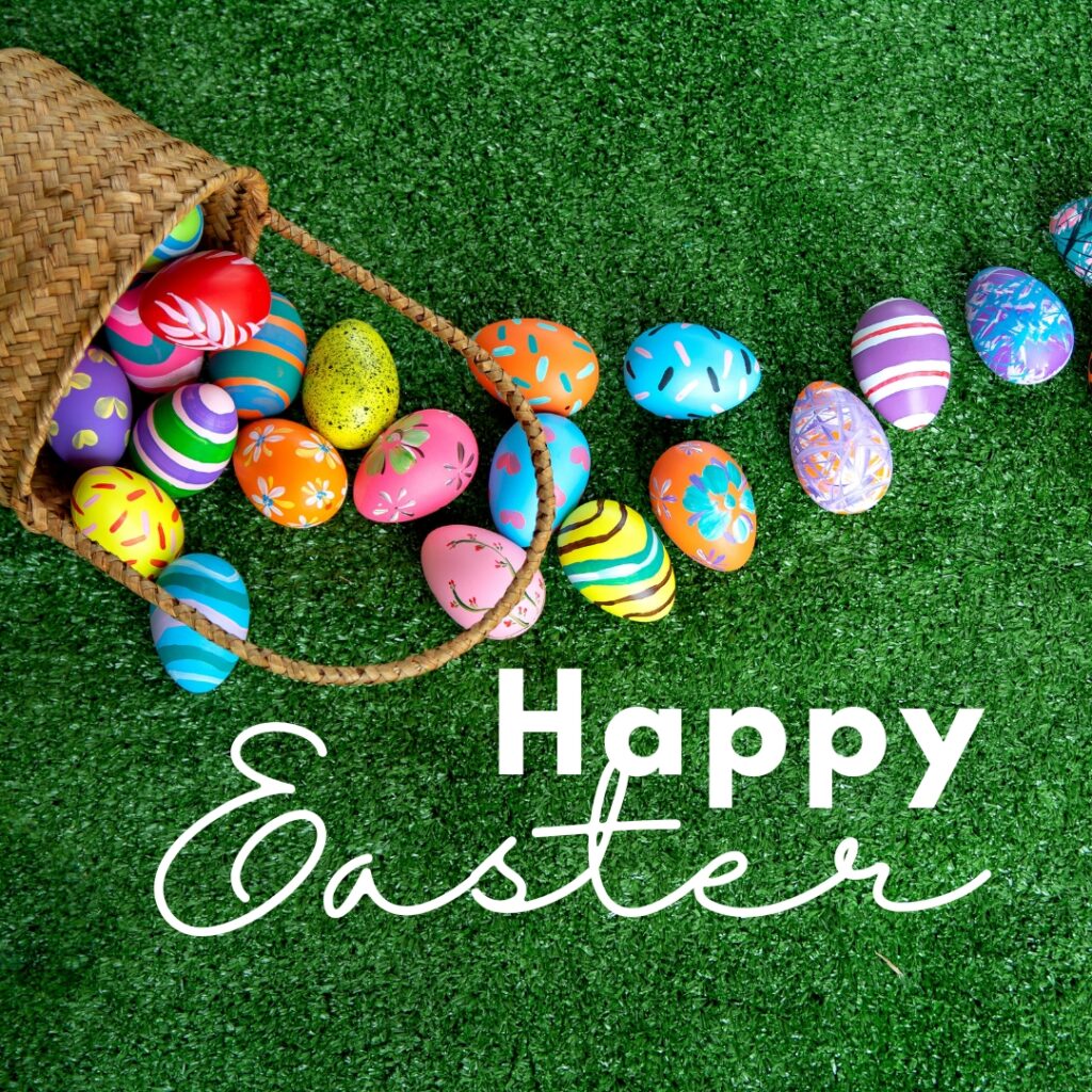Colourful beautiful eggs out of bag and green grass background, happy easter images celebration.
