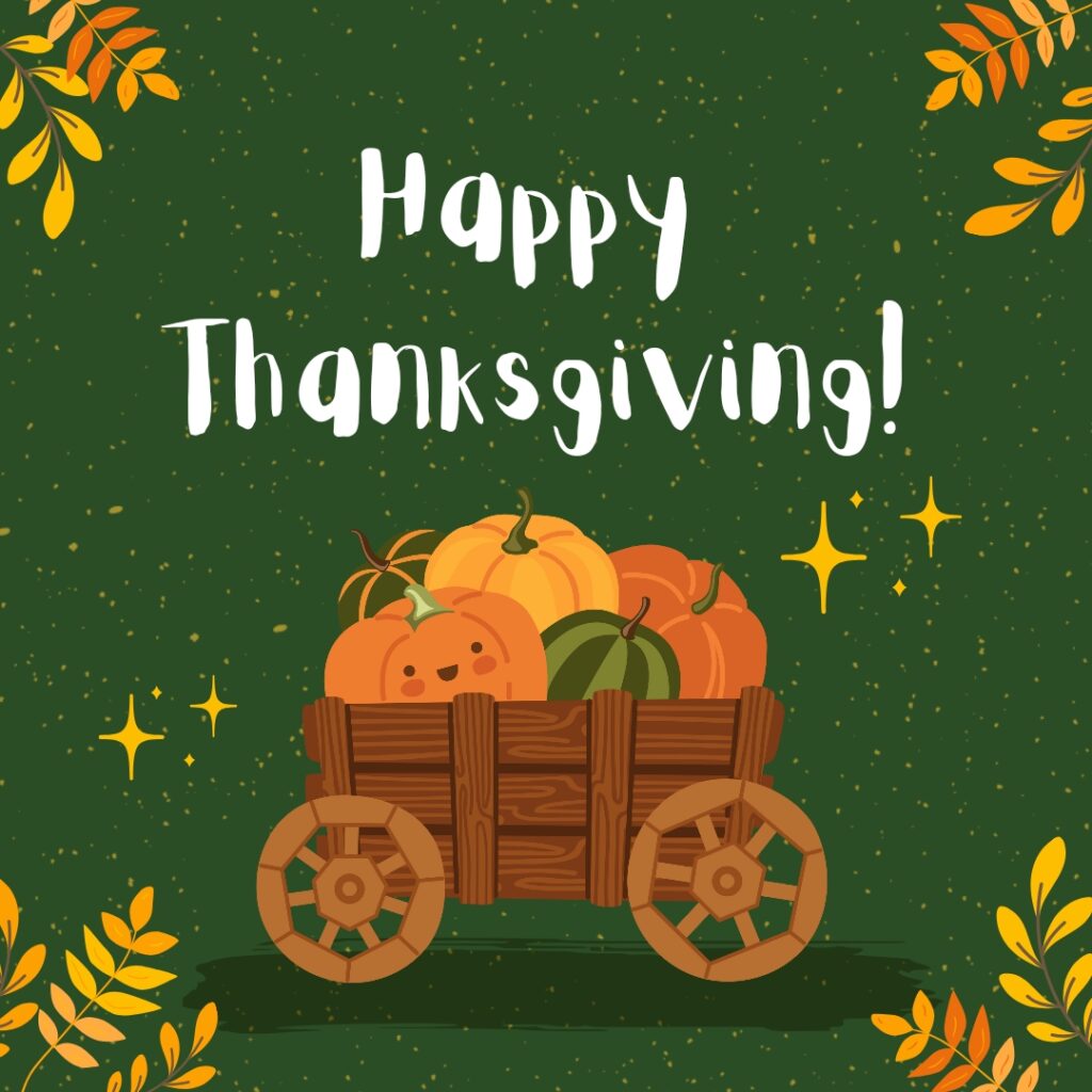 Truck full of pumpkins with green colour background and sparkling particles decorative leaves celebrate with happy thanksgiving images.