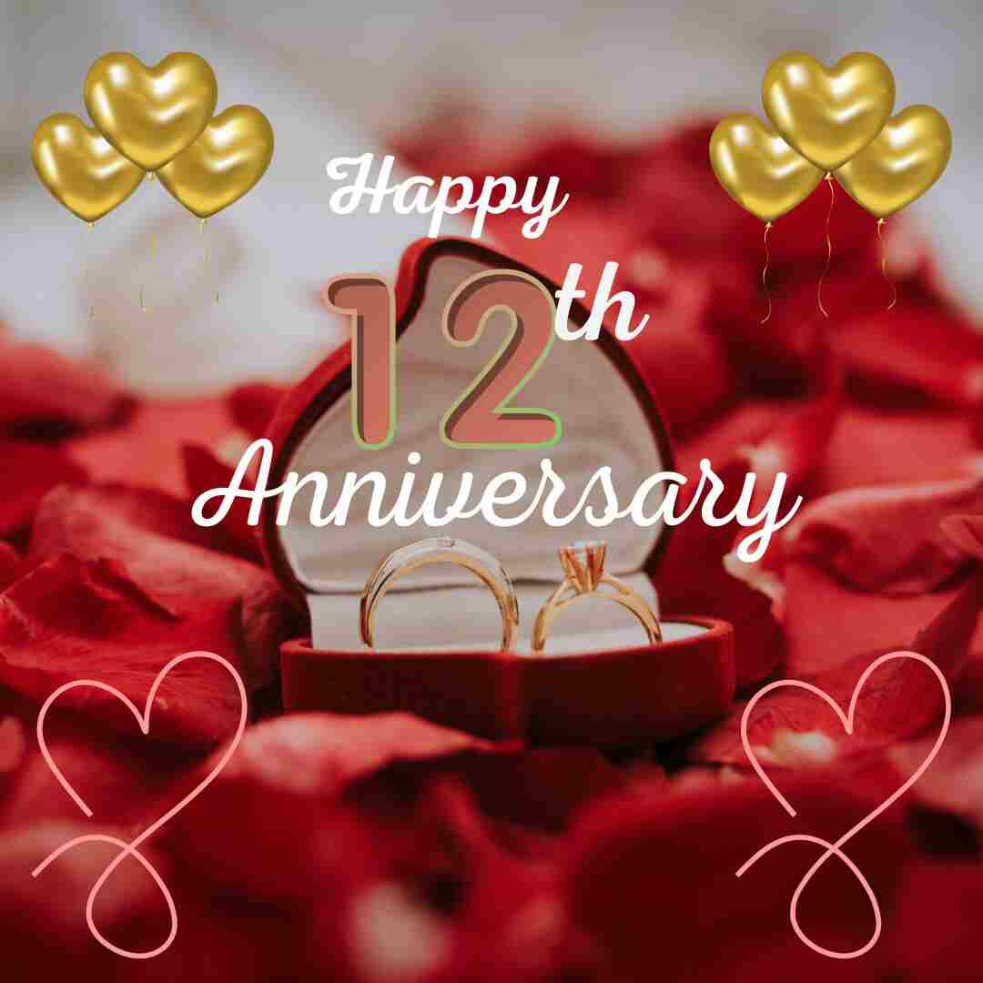 Red rose petals background with golden balloons and rings for him & her happy 12th anniversary image.