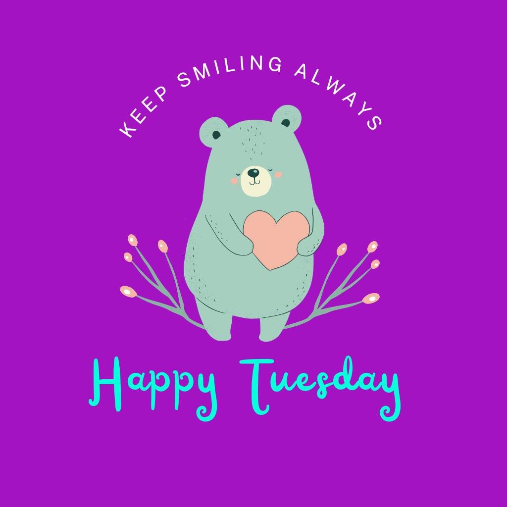 purple color background with a teddy bear holding a heart shape happy tuesday image.