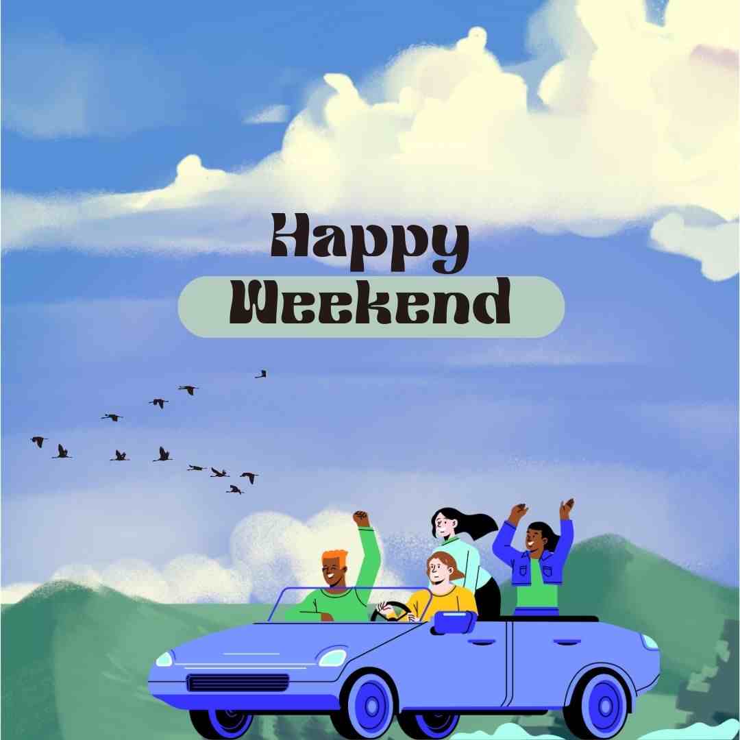 Animation picture of a open car running on the road enjoying 4 people with mountaion and cloud background happy weekend image.