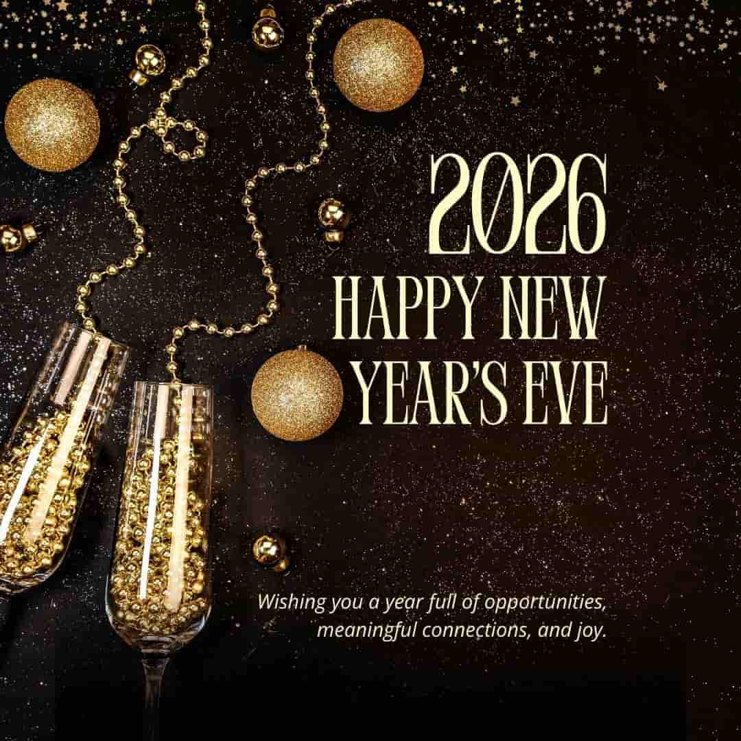 *“Happy New Year 2026 greeting image with golden champagne glasses, glitter ornaments, festive beads, and elegant typography on a black background celebrating New Year’s Eve.”*
