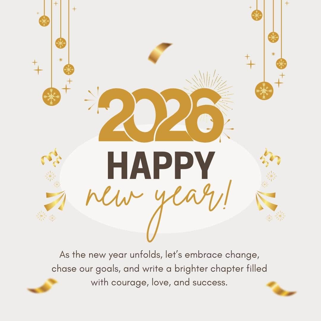“Happy New Year 2026 greeting with golden typography, elegant hanging ornaments, festive confetti, and inspirational message on a clean white background celebrating new beginnings.”