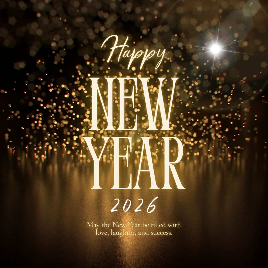 “Happy New Year 2026 greeting with glowing golden lights, sparkling bokeh background, and elegant typography wishing love, laughter, and success.”