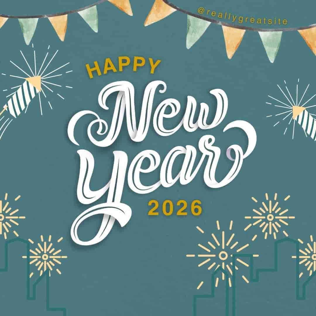 “Happy New Year 2026 greeting design with decorative typography, festive banners, fireworks icons, and a cheerful teal background celebrating new beginnings.”