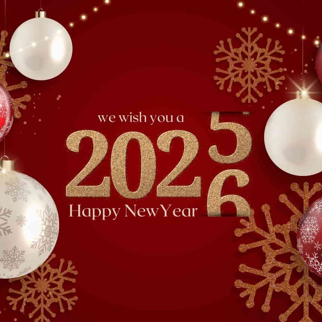 “Happy New Year 2026 greeting on a red background with golden glitter text, Christmas ornaments, snowflakes, and festive holiday decorations.”
