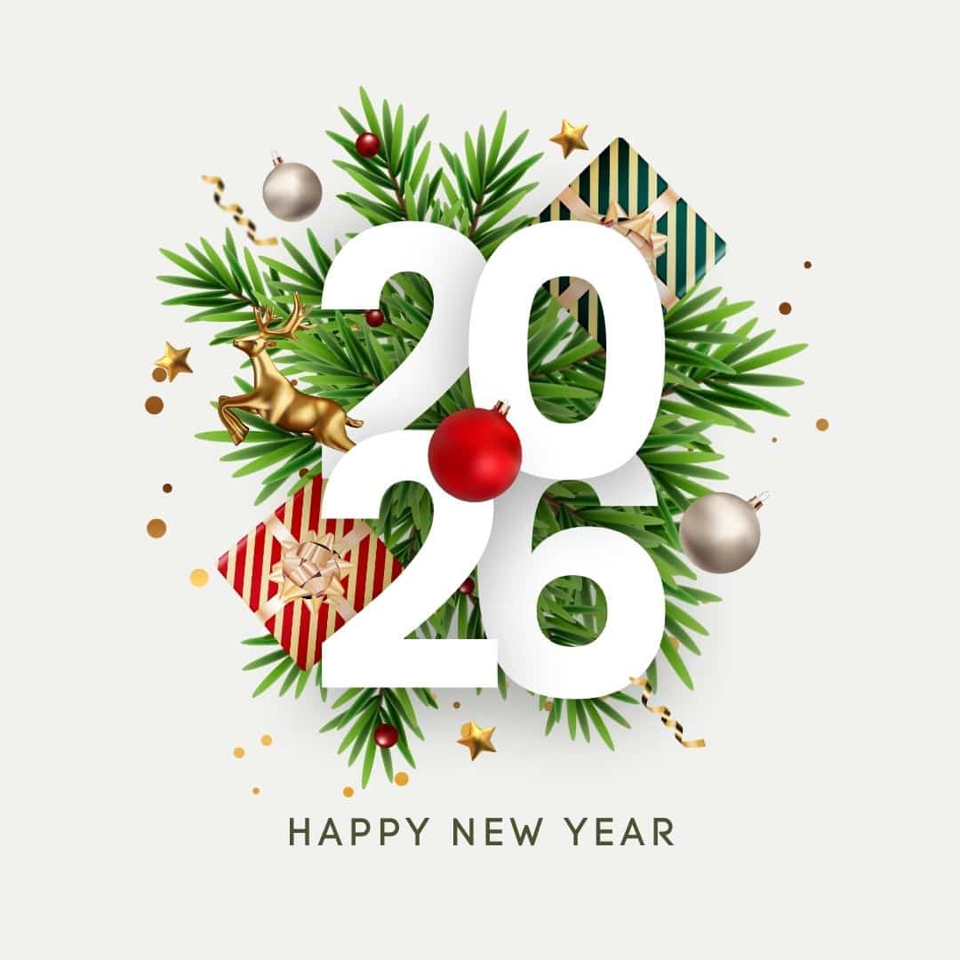 “Happy New Year 2026 greeting with festive pine leaves, gift boxes, ornaments, stars, and a golden reindeer on a clean white background celebrating new beginnings.”