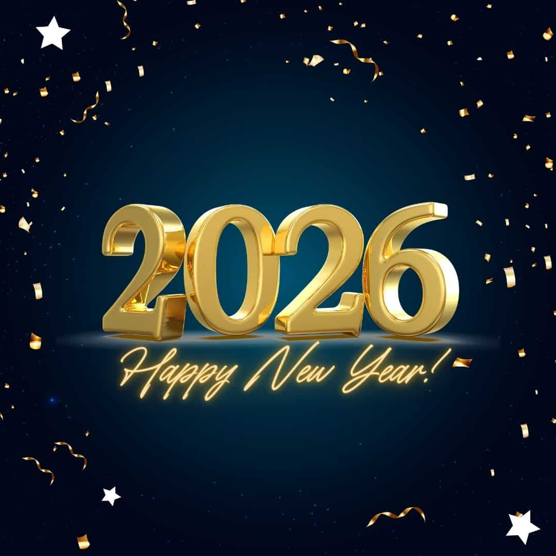 “Happy New Year 2026 greeting with shiny golden 3D numbers, glowing text, falling confetti, and stars on a dark blue festive background.”