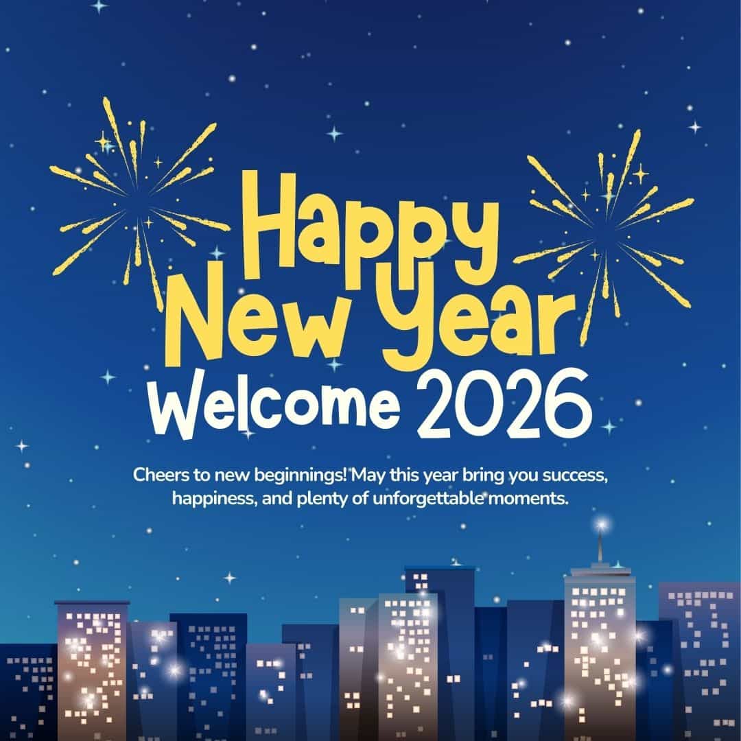 “Happy New Year welcome 2026 greeting with fireworks in the night sky above a city skyline, celebrating new beginnings, success, and happiness.”