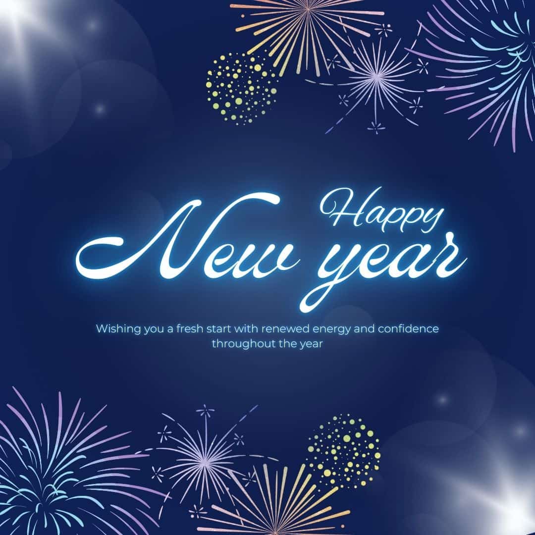 “Happy New Year 2026 greeting with glowing cursive text on a deep blue background, colorful fireworks illustrations, and a message wishing a fresh start, renewed energy, and confidence throughout the year.”
