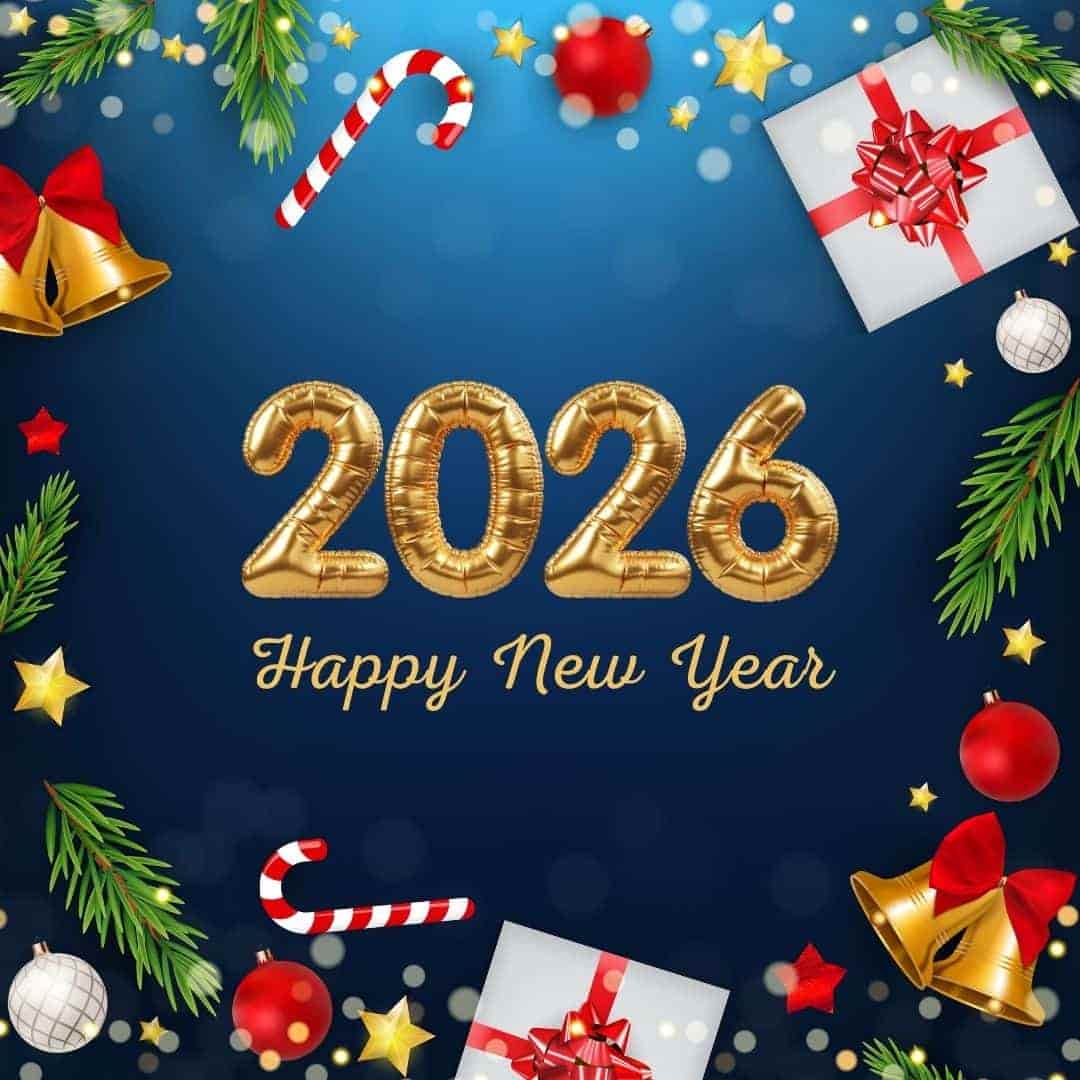 “Happy New Year 2026 greeting with golden balloon numbers, Christmas decorations, gift boxes, bells, candy canes, and festive lights on a blue background.”