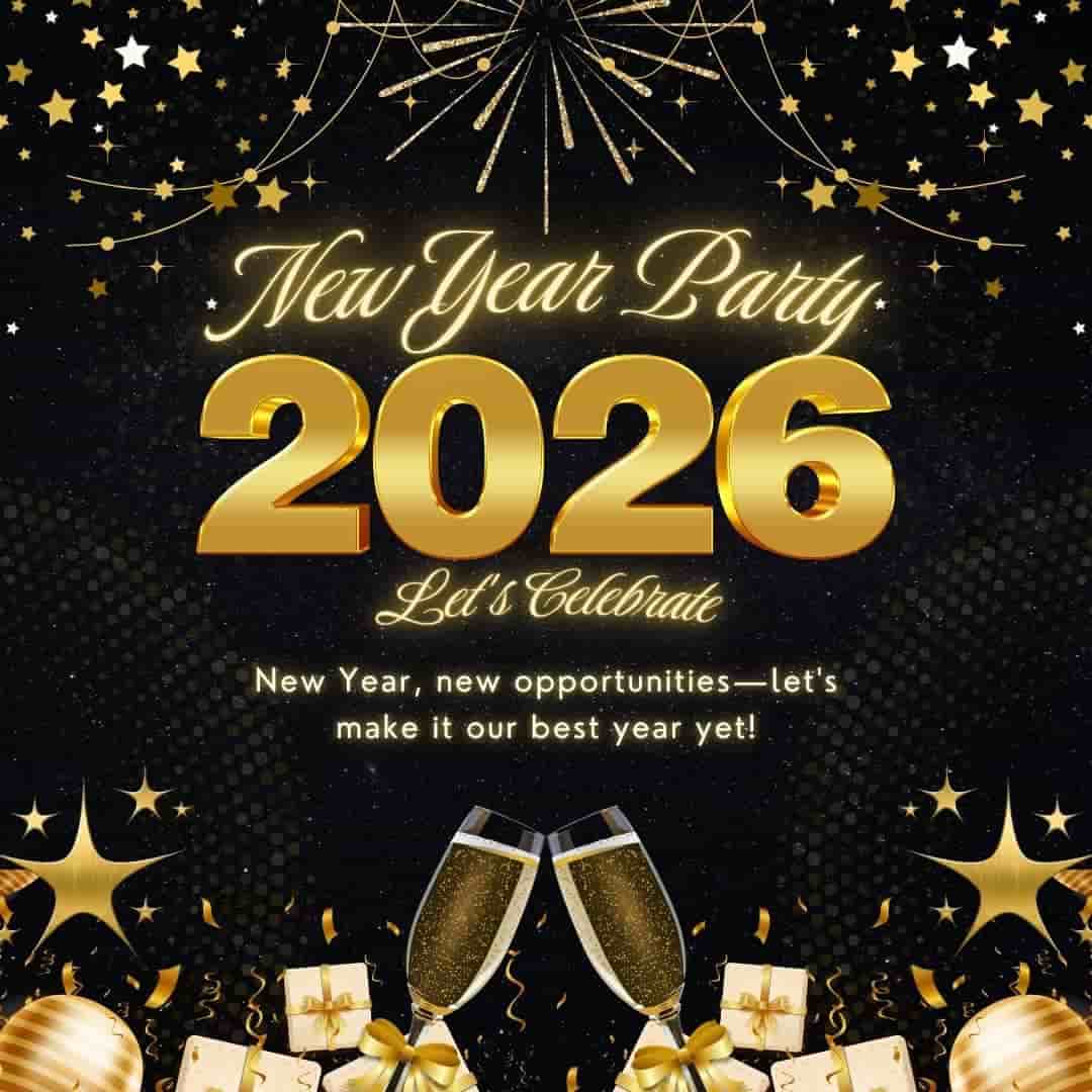 “New Year Party 2026 celebration banner with golden 2026 text, fireworks, stars, champagne glasses, and festive decorations on a black background.”
