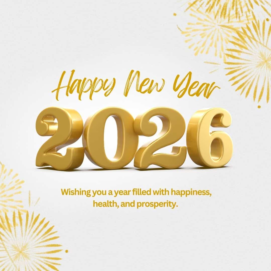 “Happy New Year 2026 greeting with golden 3D numbers, elegant typography, and subtle fireworks on a white background, wishing happiness, health, and prosperity.”