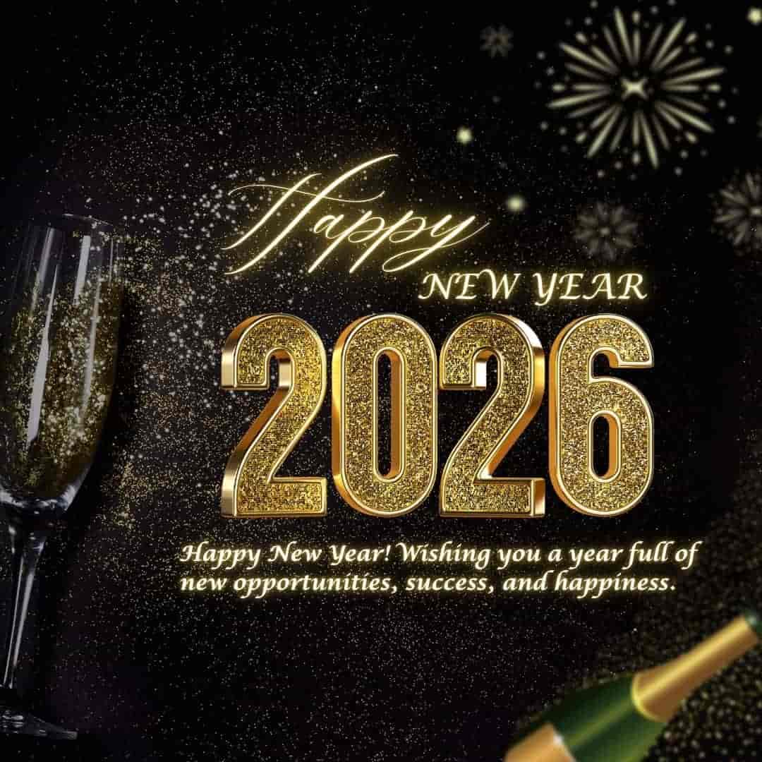 “Happy New Year 2026 greeting image with glittering golden 2026 text, fireworks, champagne bottle and glasses on a dark festive background.”