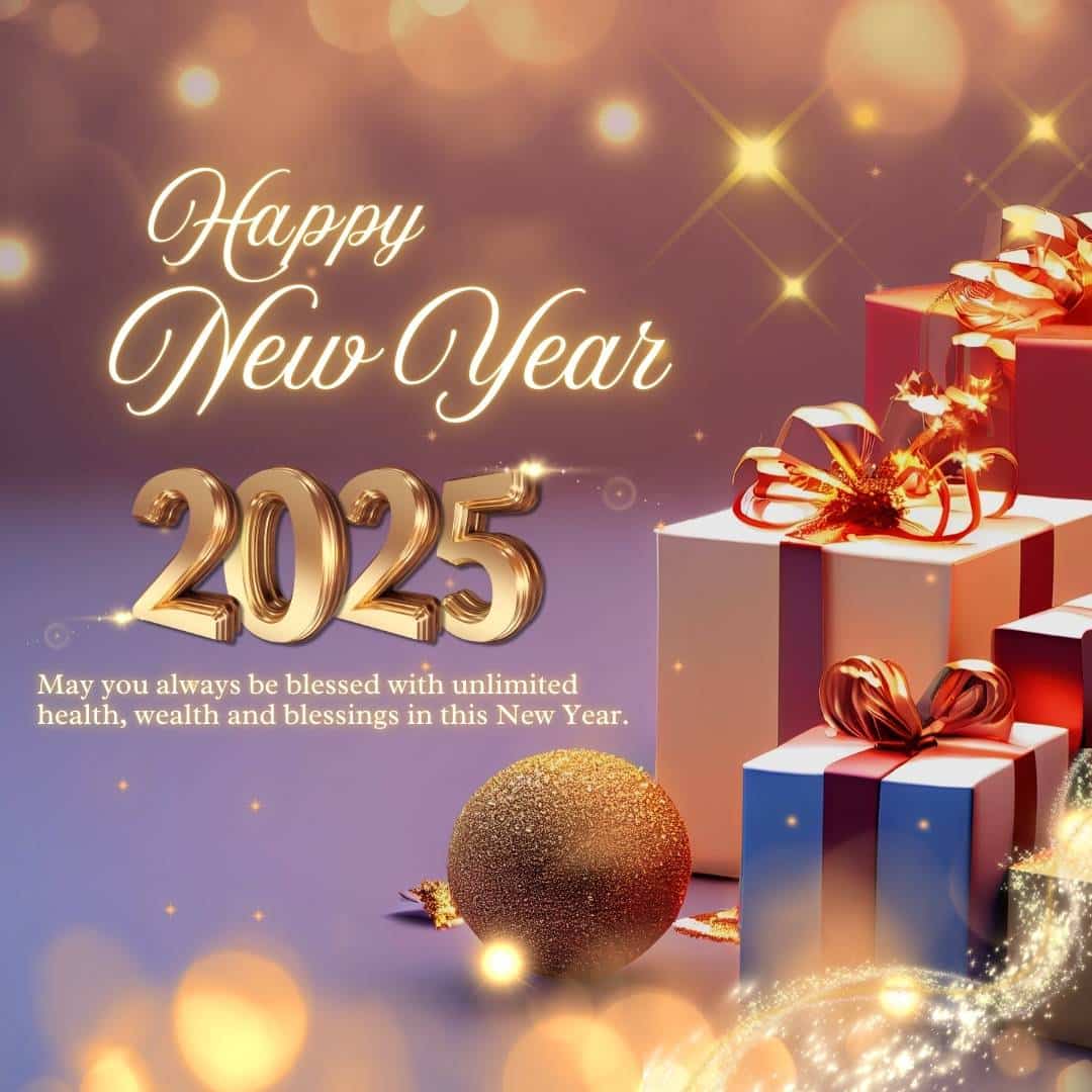 “Happy New Year 2025 greeting image with glowing gold text, festive gift boxes, sparkling lights, and a message wishing health, wealth, and blessings on a warm purple background.”