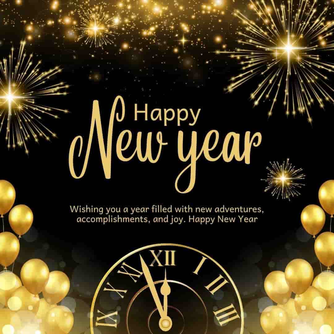 “Happy New Year celebration image with golden fireworks, balloons, and a midnight clock, featuring elegant ‘Happy New Year’ text on a black background.”