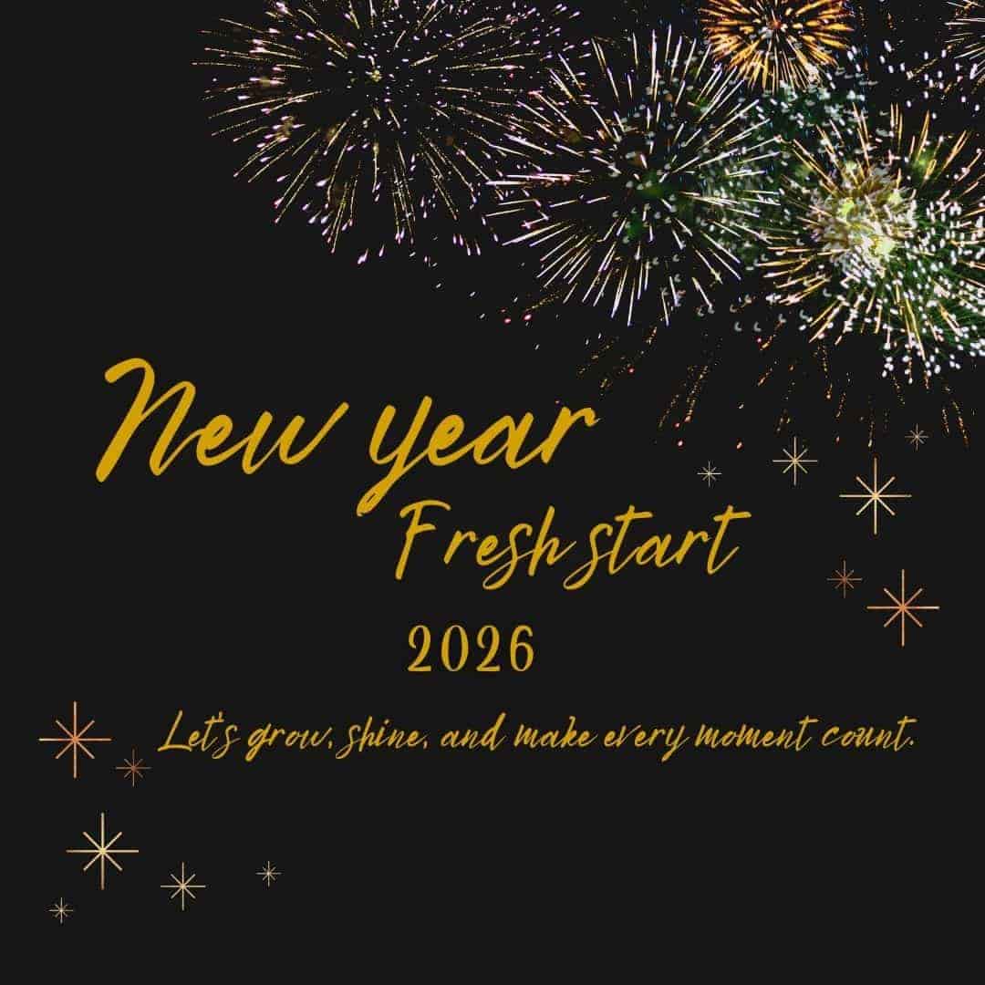 “New Year 2026 fresh start greeting image with colorful fireworks, gold text, and festive stars on a dark background symbolizing new beginnings.”