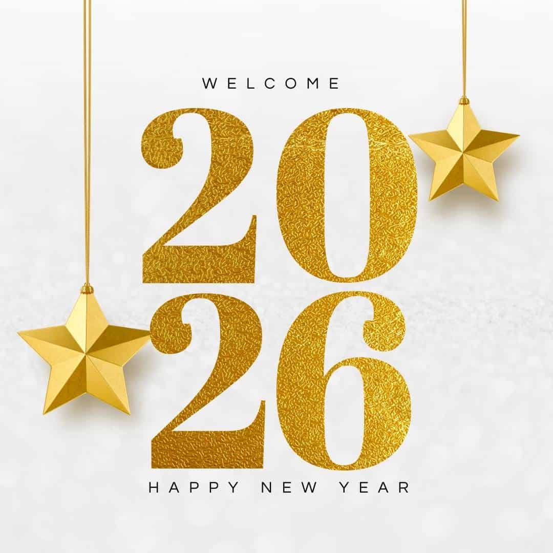 “Welcome 2026 Happy New Year greeting with elegant golden numbers and hanging star ornaments on a clean white background, symbolizing celebration and new beginnings.”