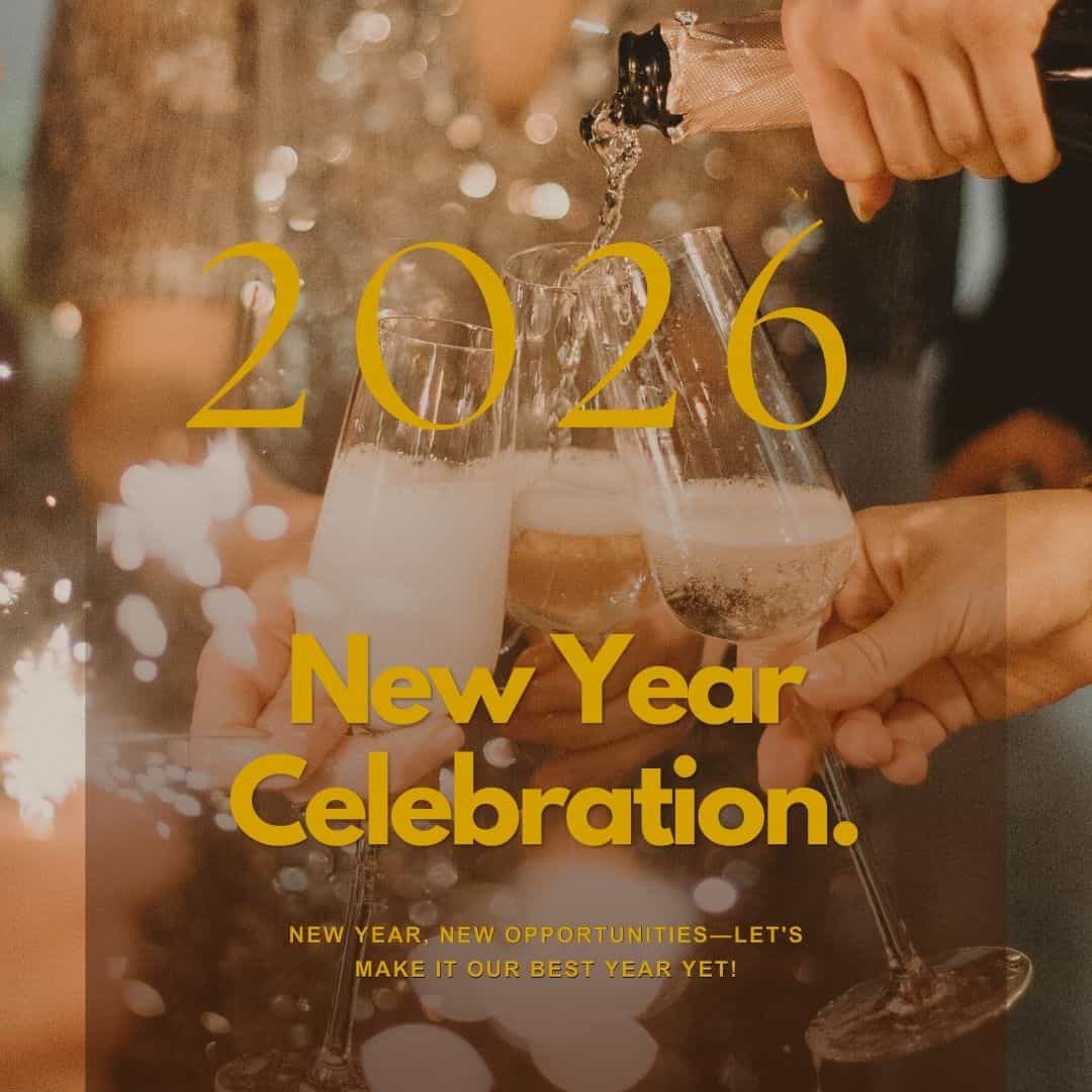 “2026 New Year celebration with people clinking champagne glasses, sparkling lights, and festive party atmosphere symbolizing new beginnings and joy.”