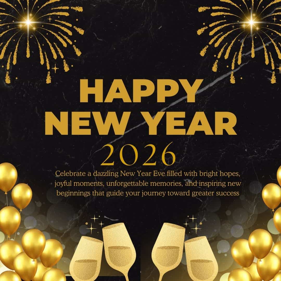 “Happy New Year 2026 greeting with golden fireworks, balloons, and champagne glasses on a black background, celebrating joy, success, and new beginnings.”