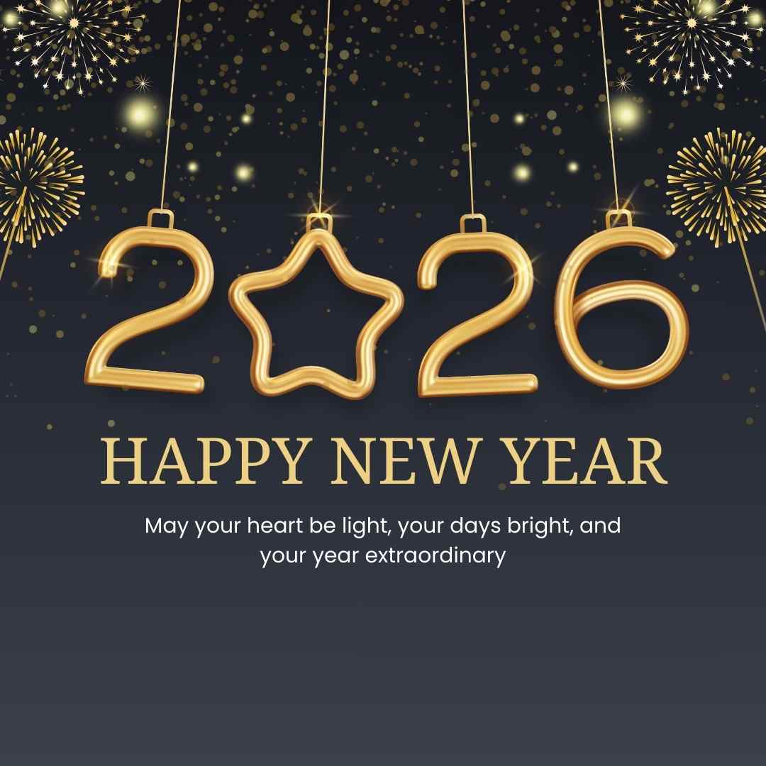 “Happy New Year 2026 greeting with golden hanging numbers and star, sparkling fireworks, and elegant festive design on a dark background celebrating joy and new beginnings.”