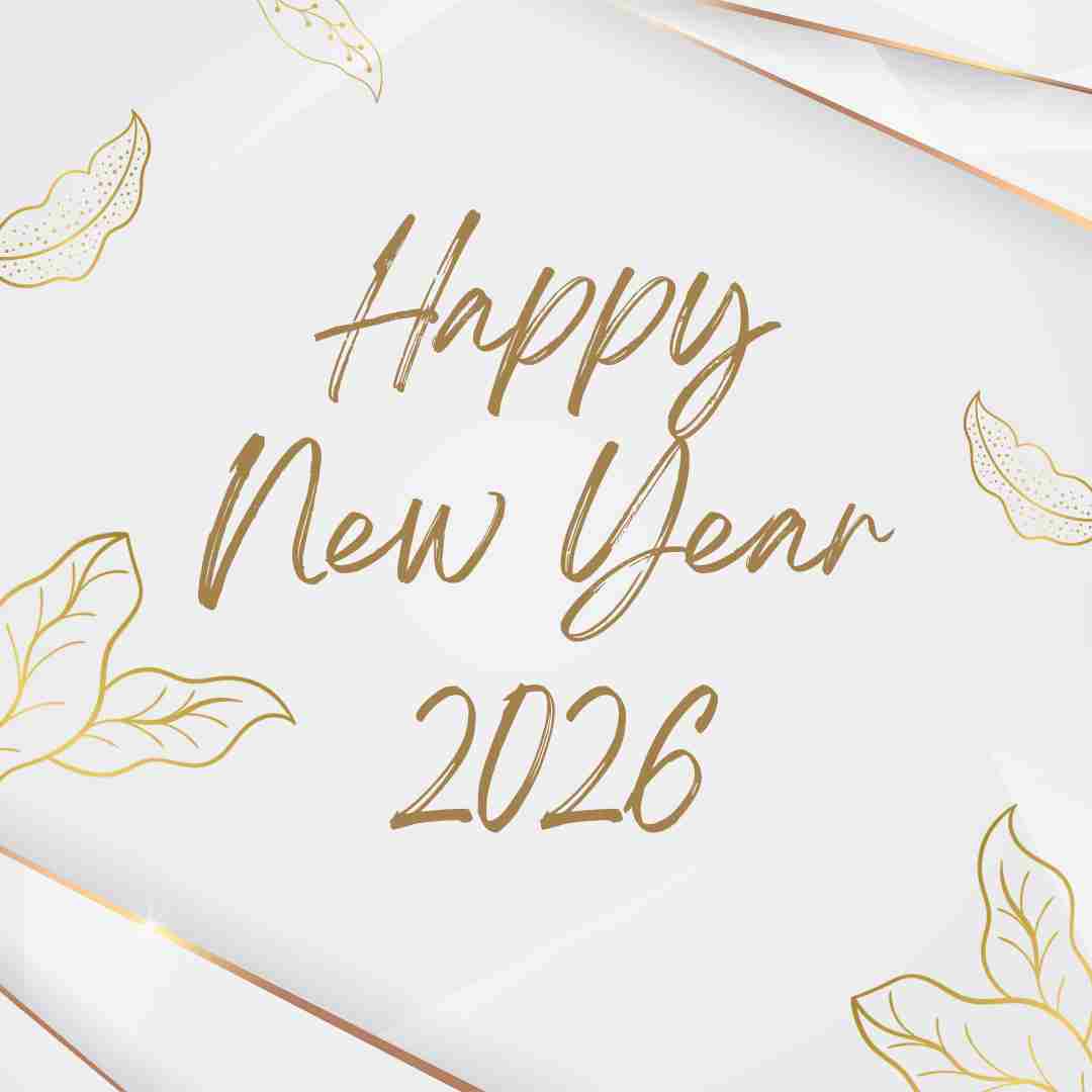 “Happy New Year 2026 greeting with elegant gold calligraphy, minimalist white background, and decorative leaf accents symbolizing fresh beginnings and positivity.”