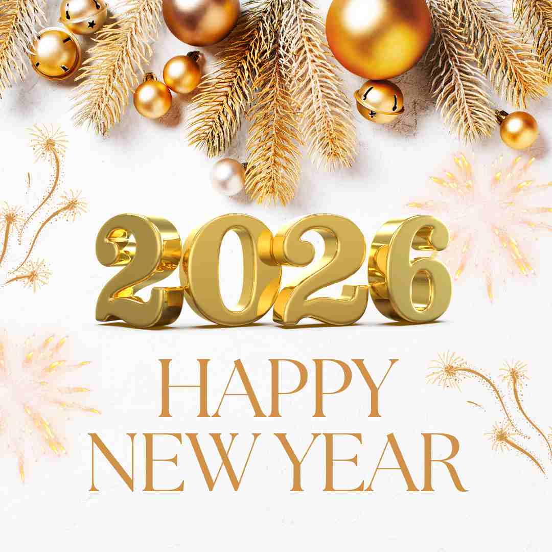 “Happy New Year 2026 greeting with golden 3D numbers, elegant gold ornaments, pine branches, and festive fireworks on a white background celebrating new beginnings.”