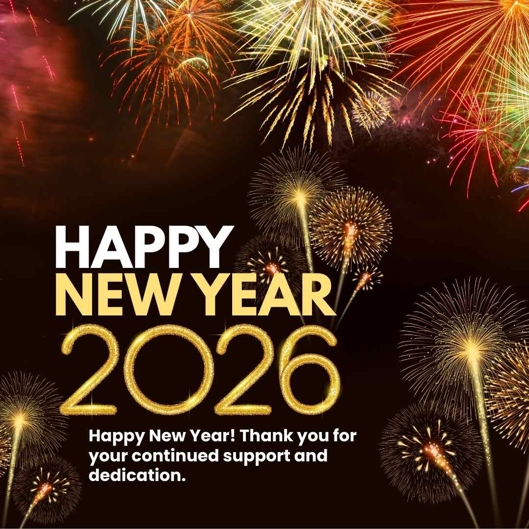 “Happy New Year 2026 greeting with golden text and colorful fireworks bursting in the night sky, celebrating gratitude, success, and festive new beginnings.”