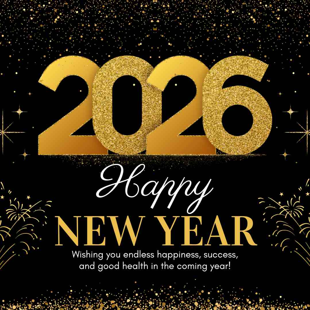“Happy New Year 2026 greeting with glittering gold numbers, sparkling fireworks, and elegant typography on a black background wishing happiness, success, and good health.”