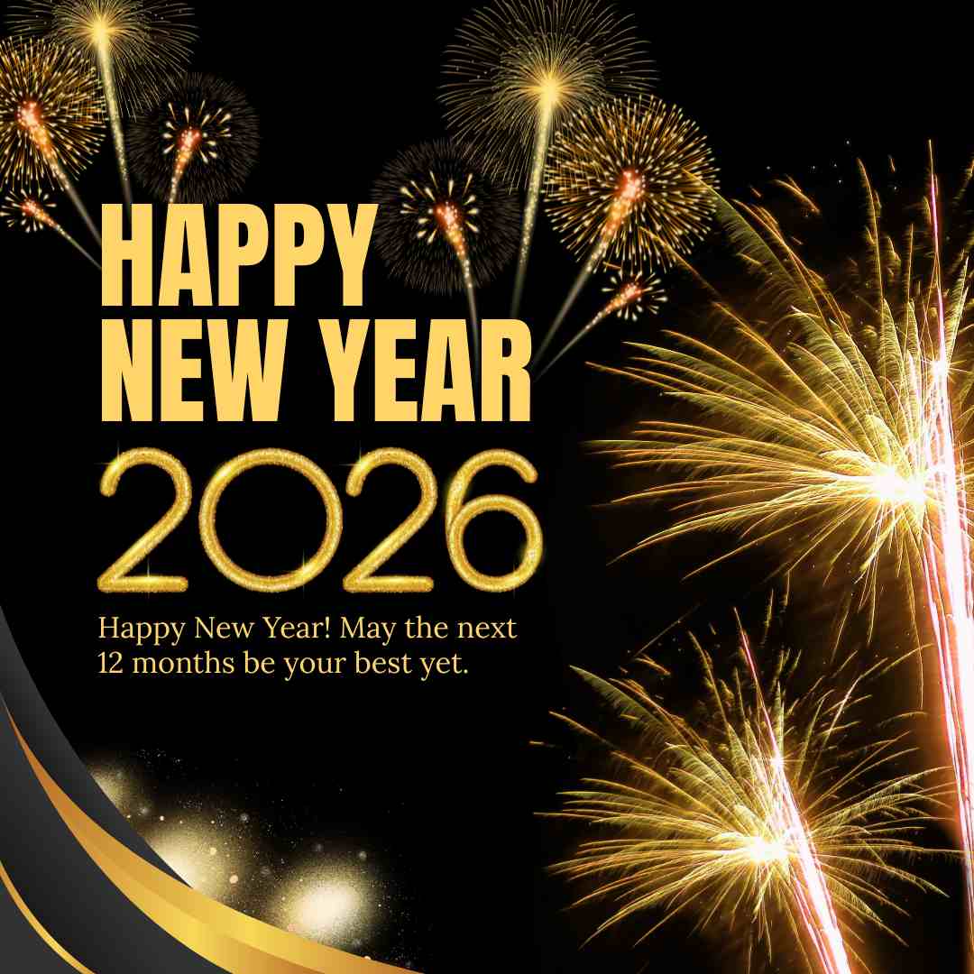 “Happy New Year 2026 greeting with dazzling golden fireworks, bold festive text, and celebratory night sky design wishing joy and success for the year ahead.”