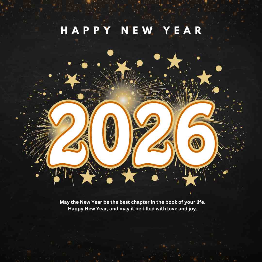 “Happy New Year 2026 greeting with sparkling fireworks, golden stars, and bold festive typography on a dark background celebrating joy, love, and new beginnings.”