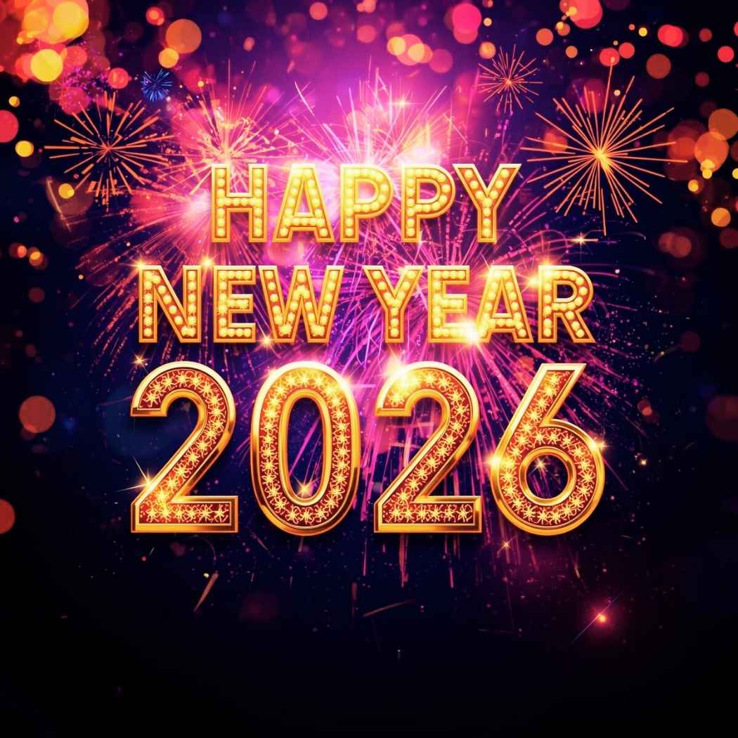 “Happy New Year 2026 greeting with glowing golden text, colorful fireworks, and vibrant bokeh lights creating a festive celebration atmosphere.”