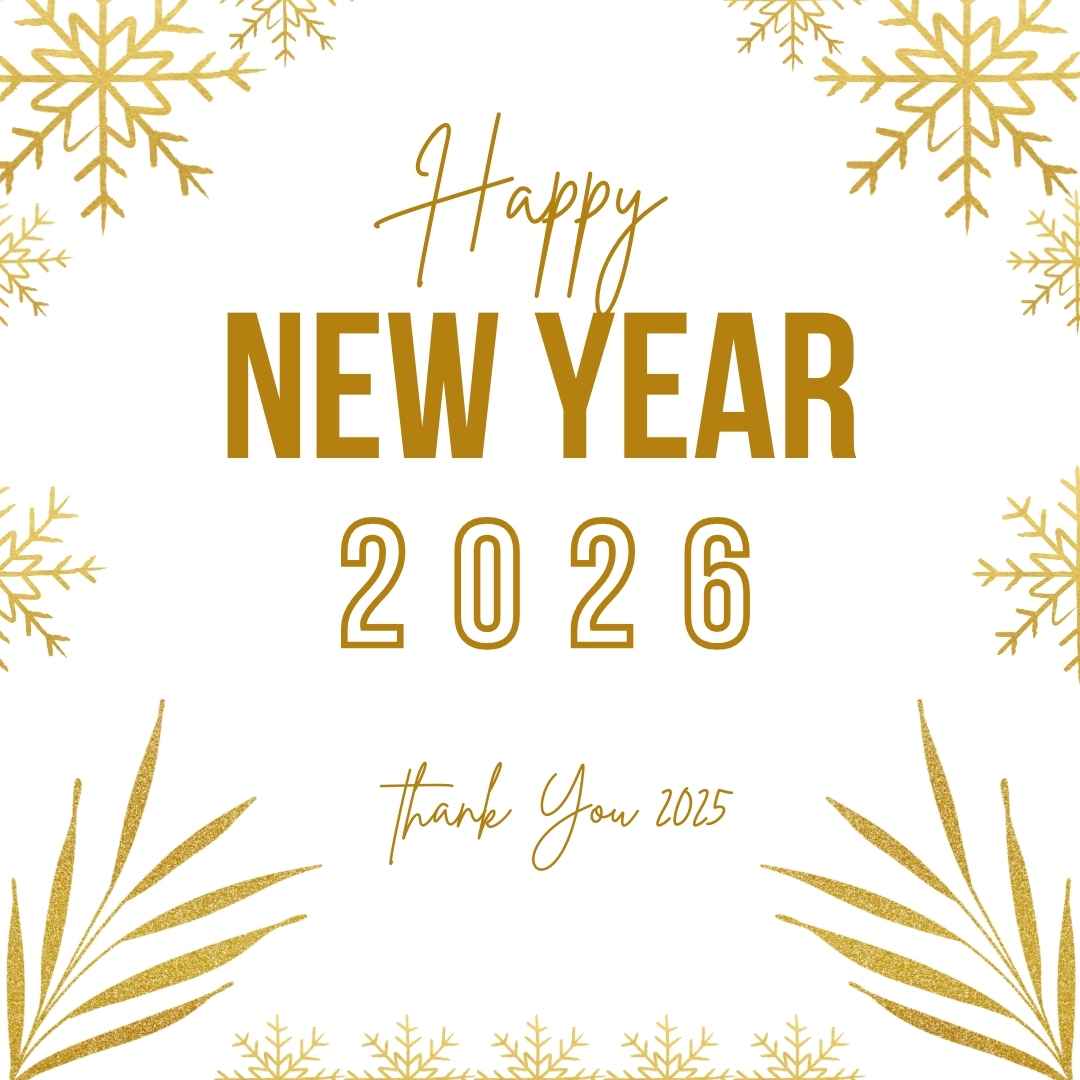 “Happy New Year 2026 greeting design with elegant gold typography, snowflake patterns, festive leaves, and ‘Thank You 2025’ message on a white background.”