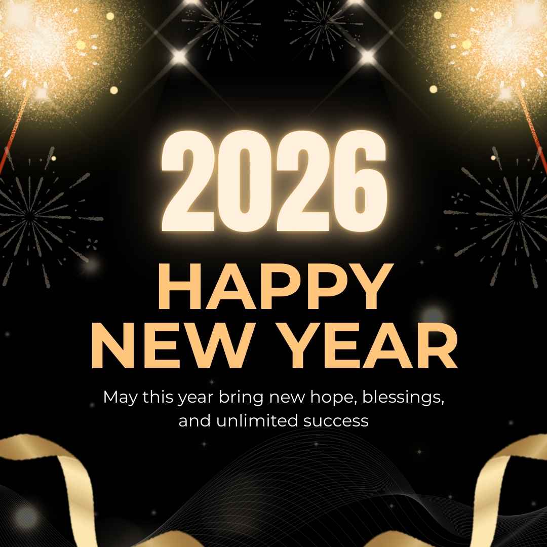 “Happy New Year 2026 greeting with glowing gold numbers, sparkling fireworks, and elegant festive design on a black background wishing hope, blessings, and success.”